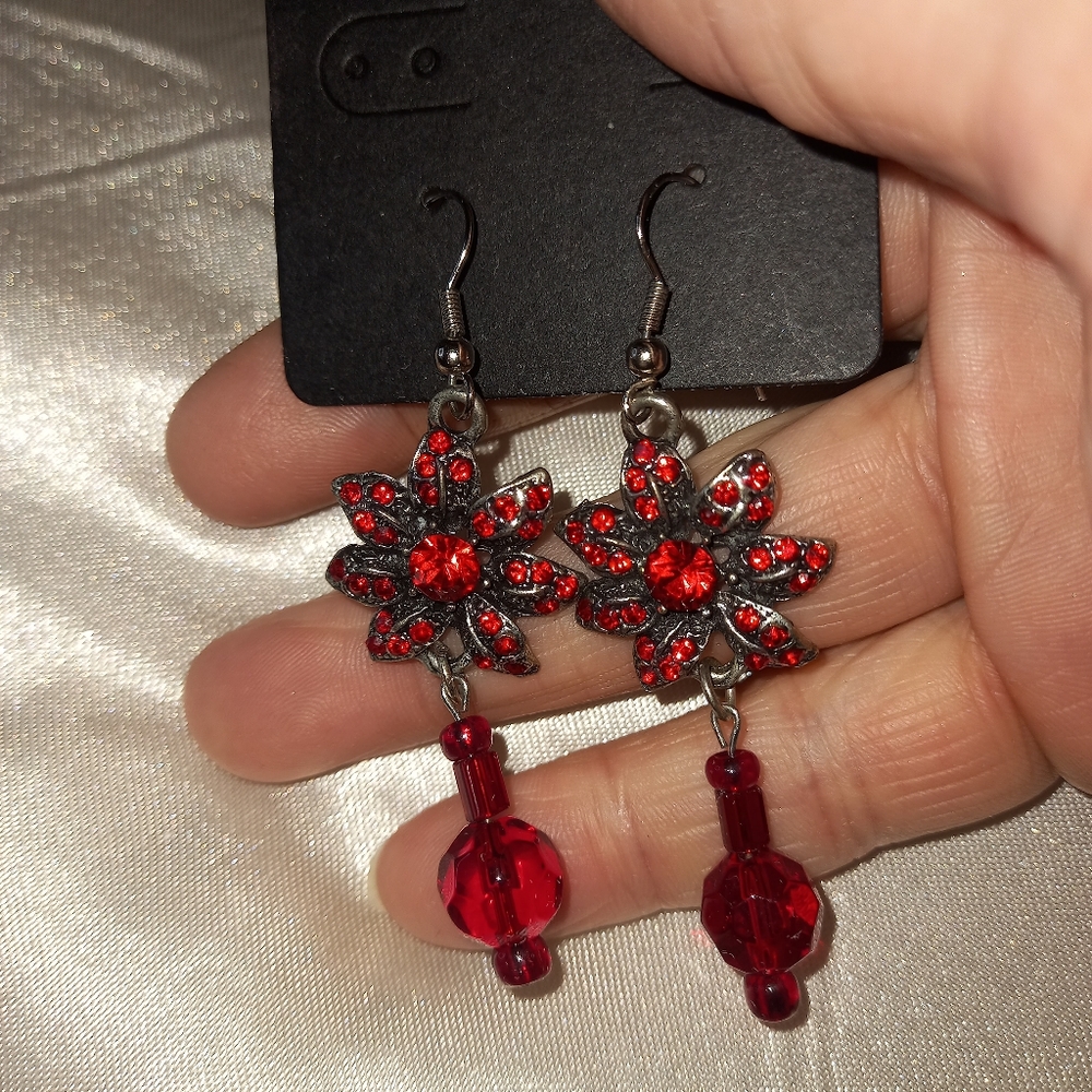 Handmade Red and Gunmetal colored dangle earrings